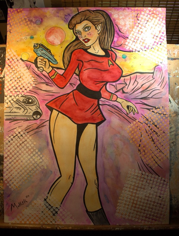 outsider art Star Trek «Galactic Gunsmoke» 18×24 watercolor on hard paper Mohler