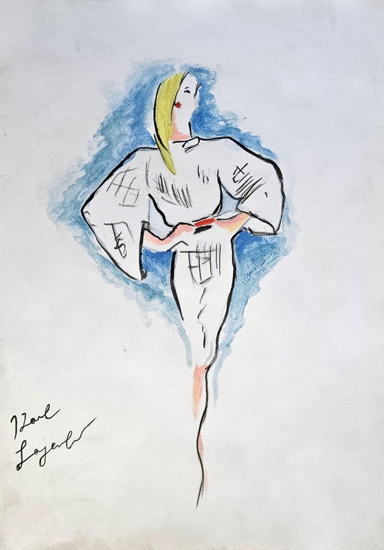 Karl Lagerfeld Signed Vintage Drawing German Fashion Illustration Art