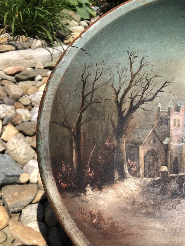 Antique 19th Century Church Cathedral Handmade Oil Painting on Turned Wood Bowl gallery