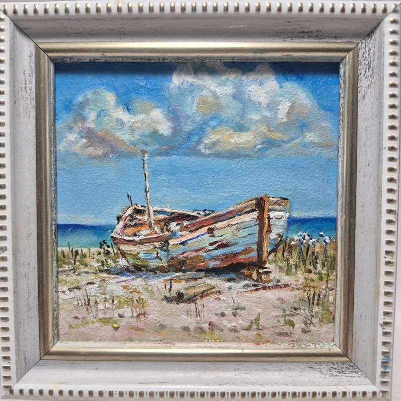 Original oil painting, signed and framed. Seascape: An Old Rowing Boat,4×4 inche