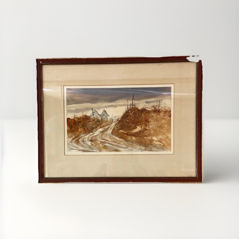 Vintage Original Watercolor landscape painting 1950s rural scene. Signed.