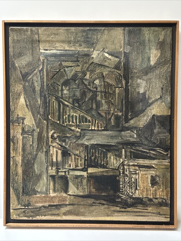 MID CENTURY PAINTING INDUSTRIAL CITYSCAPE STREET SCENE URBAN 1950’S SIGNED JP