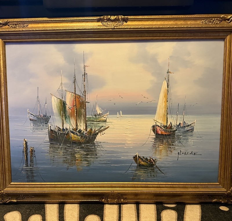 Florence Wilkins Furst Framed Original Oil Painting Boats at Sea RARE