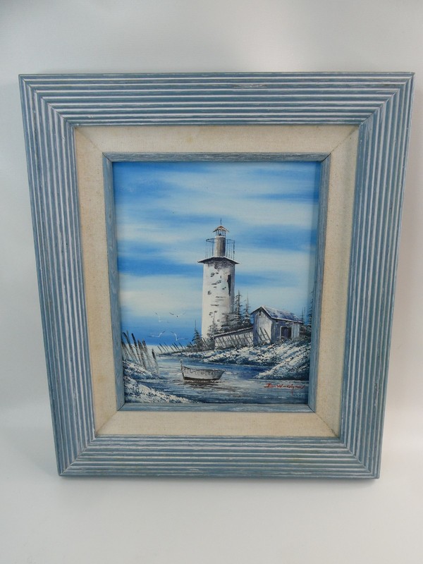 Everett WOODSON Lighthouse Boat Barn Winter Canvas Oil Painting Signed