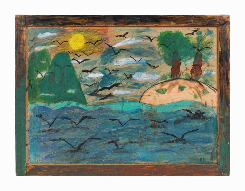 Outsider Art Acrylic Painting on Board Desert Island Seascape Folk Primitive