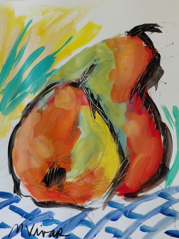 MONA VIVAR 14 x 11 Pear Fruit Contemporary Expressionist Original Painting