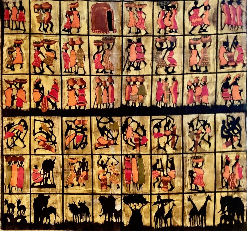 Batik Painting of tribal people & safari animals from Kenya – 39″ x 36″