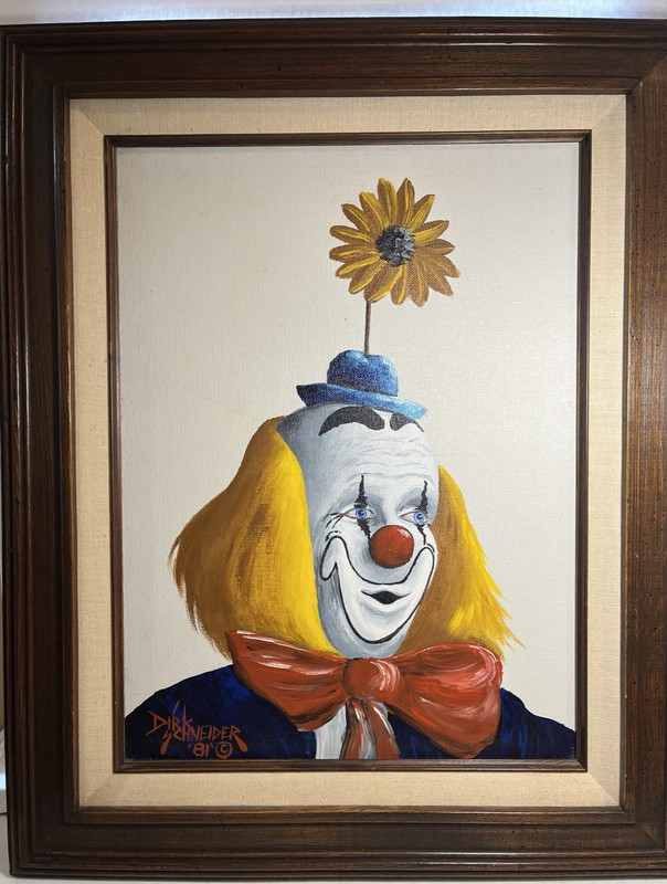 Vintage 1981 Dirk Schneider Signed original oil painting Happy Clown / Daisy Hat