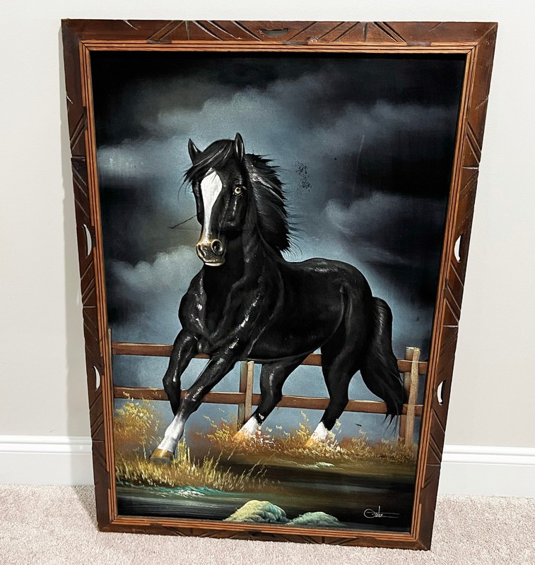 VTG Mid Century Black Velvet Horse Stallion Painting MCM Style ORTIZ Mexico LARG