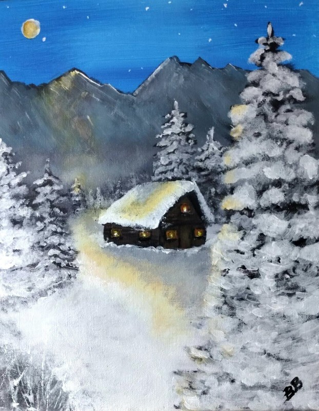 Acrylic painting on canvas cardboard winter cabin 24×30 cm (9.4 in x 11.8)