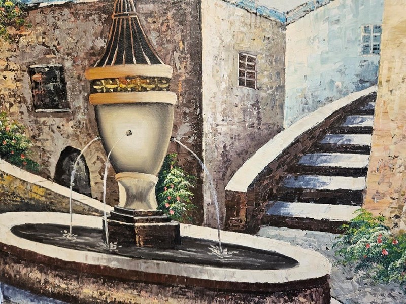 ORIGINAL OIL PAINTING ON CANVAS SIGNED AUSTIN 27X33" TERRACE WATER FOUNTAIN gallery