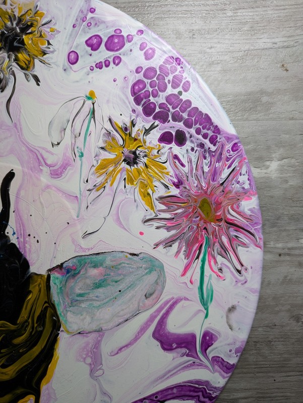 Original Art Acrylic Pour Vinyl Record Bumblebee And Flowers gallery