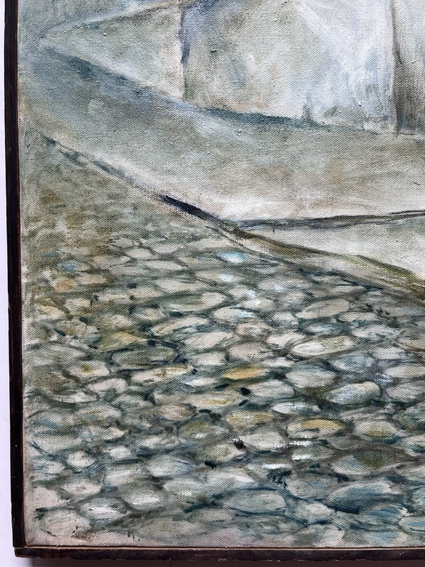 Mid Century 50s 60s Jack Paul Maroon Oil Painting Blue Door Street Spain Realism gallery