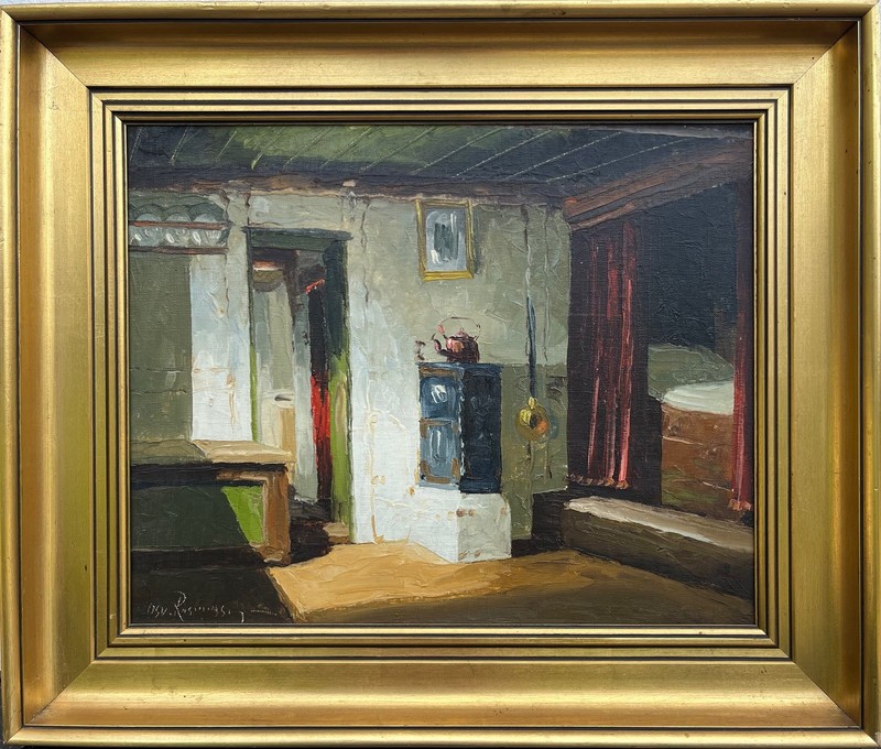 Osvald Rasmussen 1885-1972 Interior Farmhouse Sunlight Room Stove Oil Painting