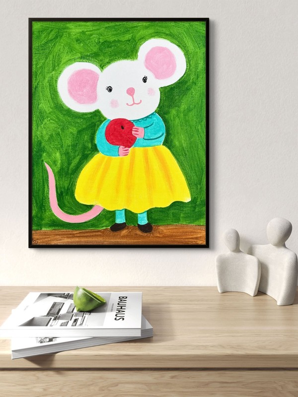 Mouse in Clothes with Cherry Painting, Whimsical Mouse Art 8x10 gallery
