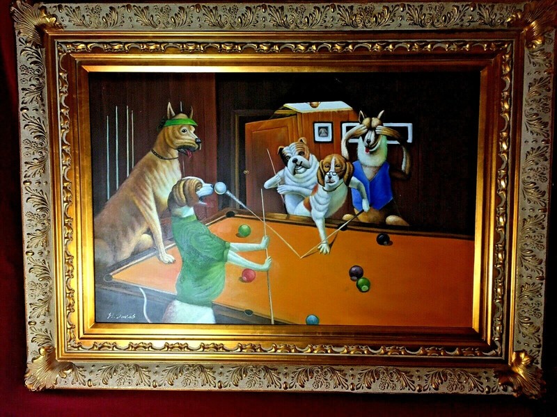 Dogs playing pool! Original oil on canvass by H Davis W/ Layered Frame