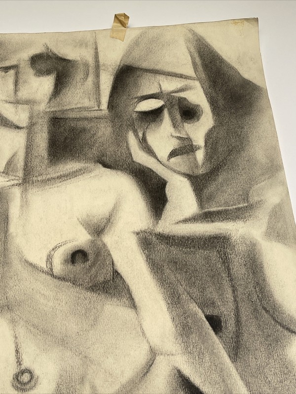 ANTIQUE DRAWING PORTRAIT MID CENTURY 36 INCH CUBISM LARGE WALTER COHEN JR NUDE gallery