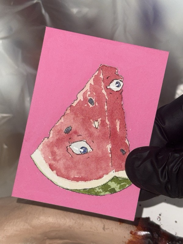 ACEO ORIGINAL Watercolor & Gouache Cute Watermelon eye 5/8 Serial Artist Jon