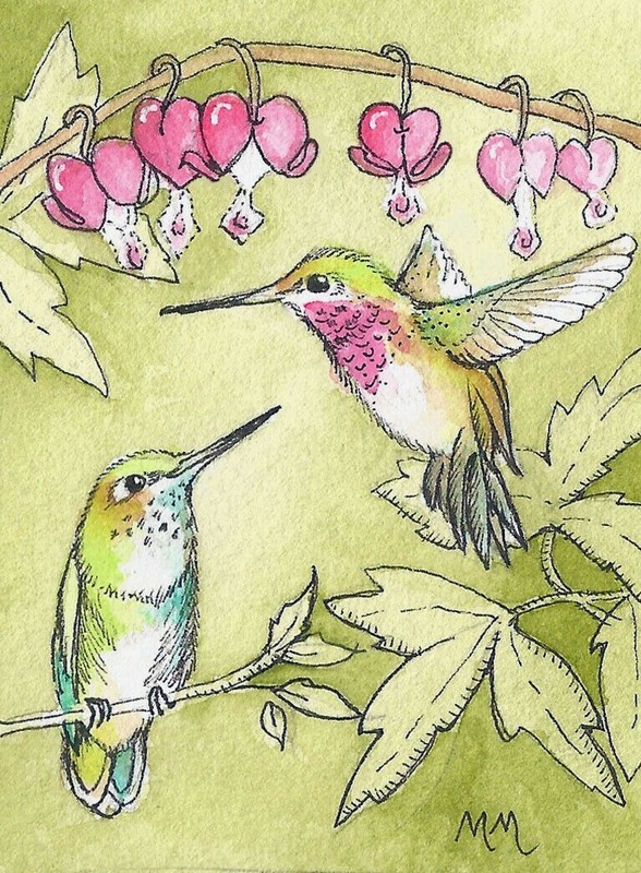 ACEO Limited Edition – Hummingbirds & flower print of Original Pen & Ink