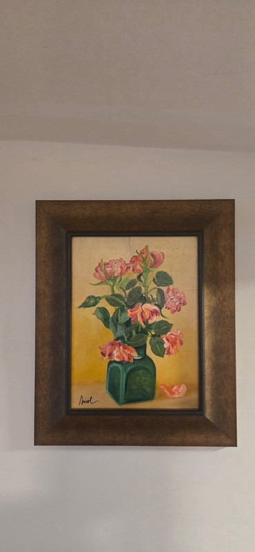 Aniel Signed Framed Floral Still Life Vase Painting Canvas on Wood 17×16″