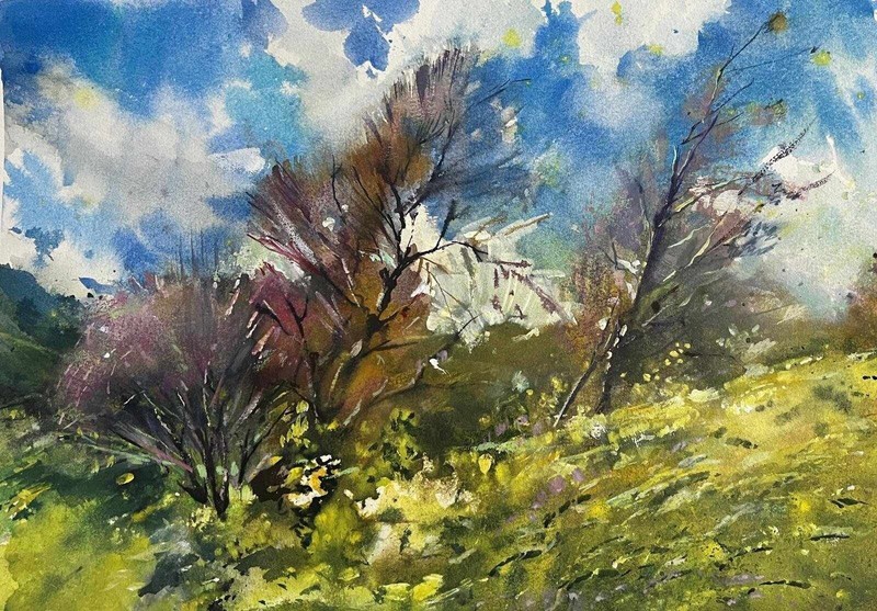 ORIGINAL Painting Impressionism Landscape Spring Sky 12.2″x16 Piter Ilitzky