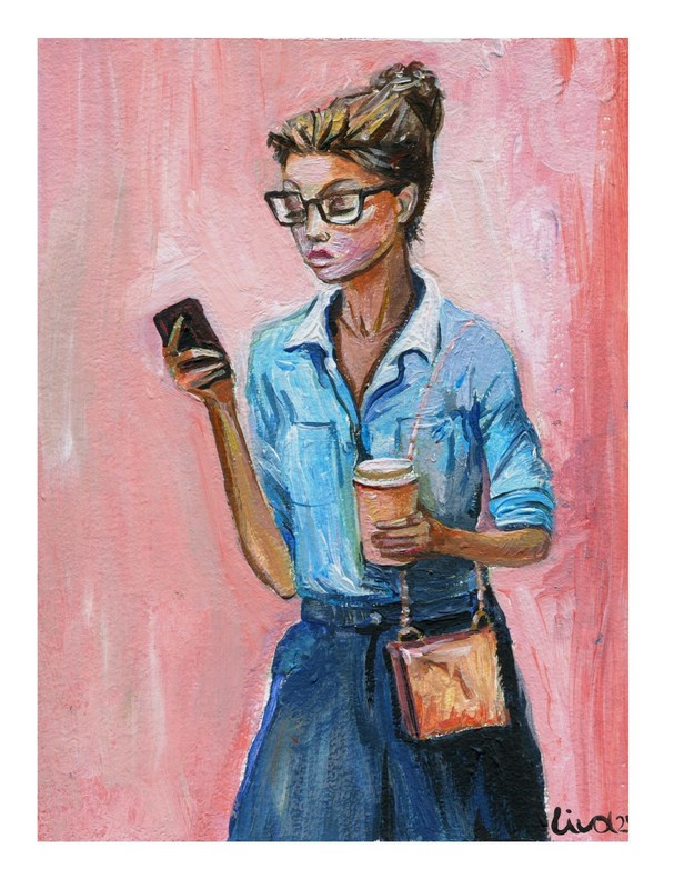 Original Acrylic Painting – Woman with Coffee & Phone by Lena Iv