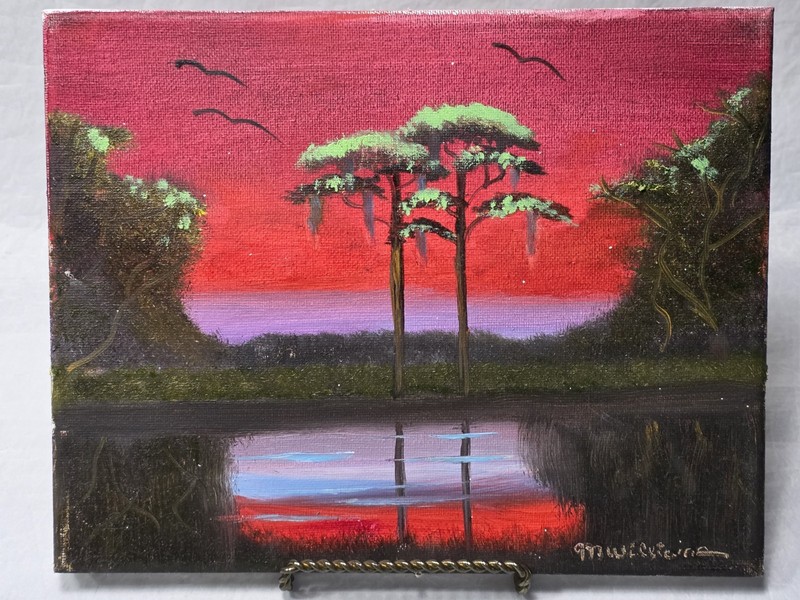 Original Oil on Canvas Artist Signed M. Williams Florida Swamp at Sunset 10 x 8