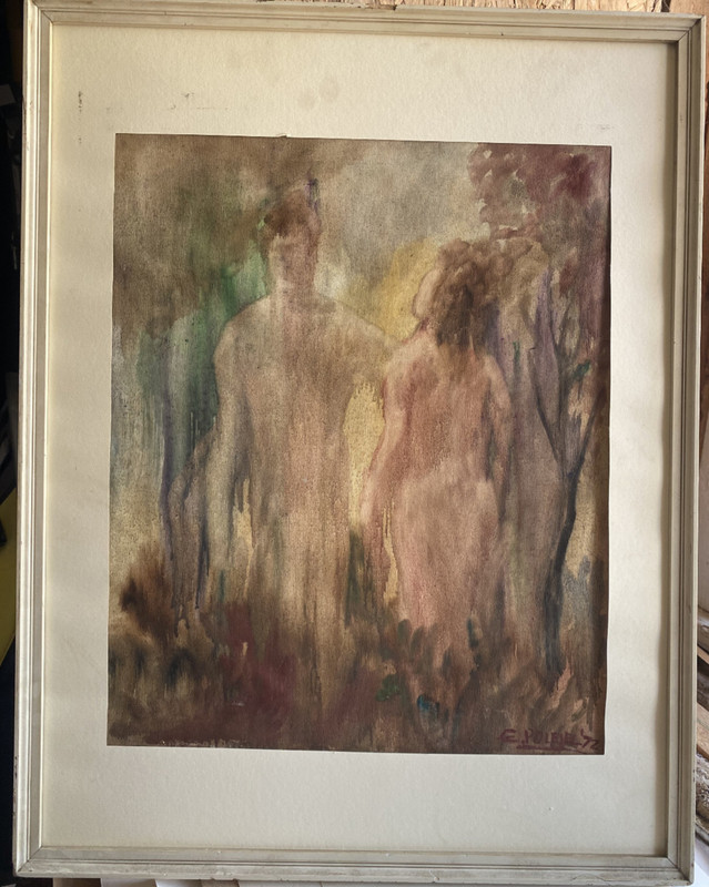 ::OIL PAINTING E. POLESEN 1972 NUDE COUPLE DUSK TREES SENSUALITY FOREST