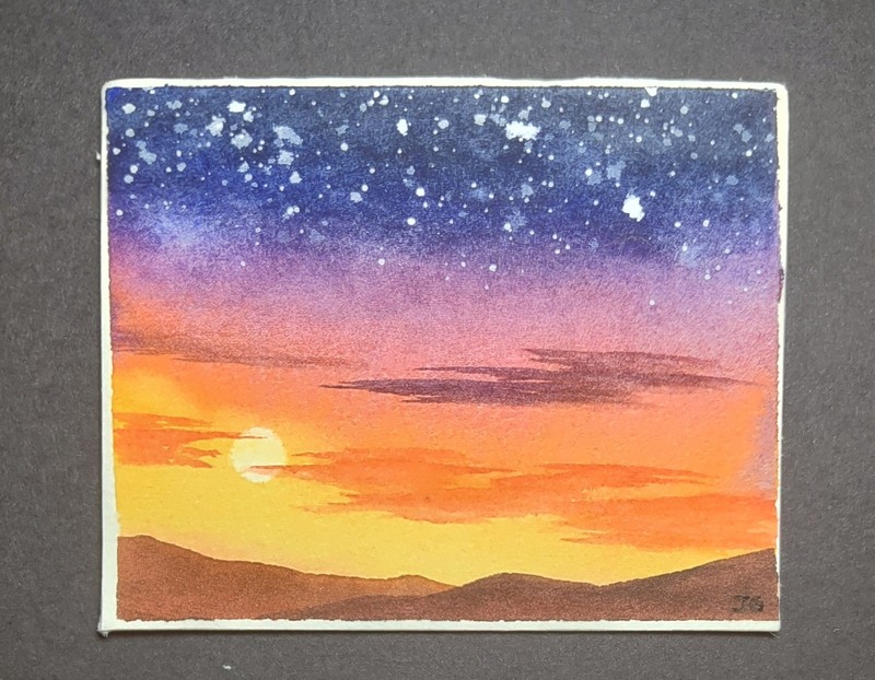 Miniature Contemporary Art Sunset Landscape Painting Starry Sky Signed Unframed