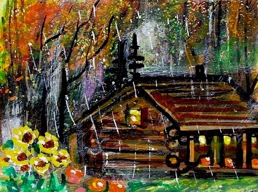 ACEO Original Painting CABIN Fall Rain Sunflower Landscape FALL Pumpkins ATC ART