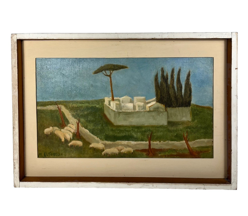 MODERNIST ABSTRACT SURREAL LANDSCAPE SHEEP VINTAGE MCM SIGNED OIL PAINTING
