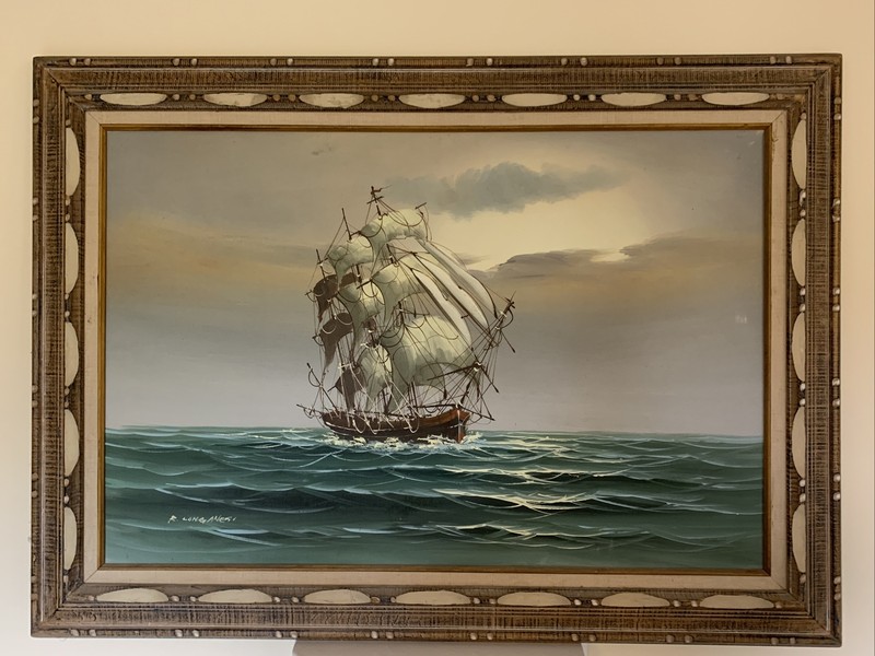 ORIGINAL OIL CANVAS SEASCAPE PAINTING 43″ x 31″ RENATO LONGANESI SHIP AAL1