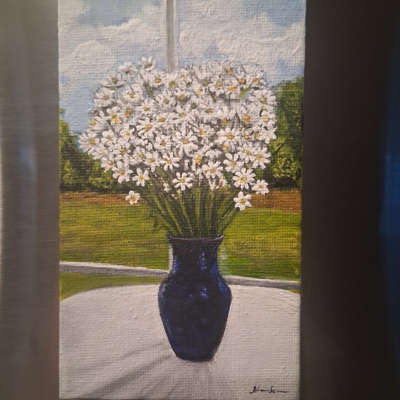 OOAK magnet flower painting White Daisies vase nature by Stacy Singleton gallery