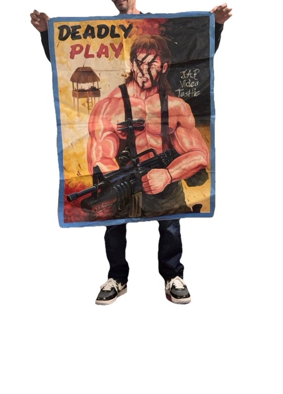 AWESOME HANDPAINTED AFRICAN MOVIE POSTER “DEADLY PLAY” ON FLOUR SACK SIGNED!