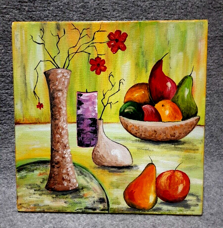 Fruits and flowers in a vase on the table.Original oil painting on canvas 10x10" gallery