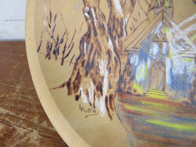 Vintage Wooden Bowl Art Church Trees Painting/Burning 8.25x9 Rollins gallery