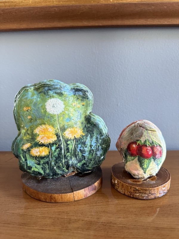 2 Folk Art Tree Conk/Tree Fungus/Tree Mushrooms, Dandelions & Cherries Painting
