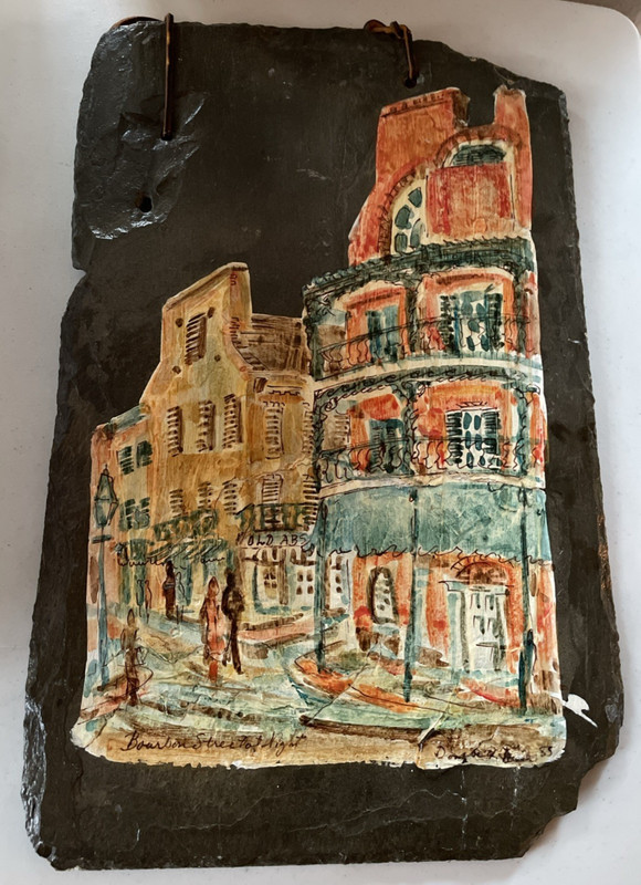 «Bourbon Street at Night» by Donabeth Jones Original Painting on Slate 14″ x 9”