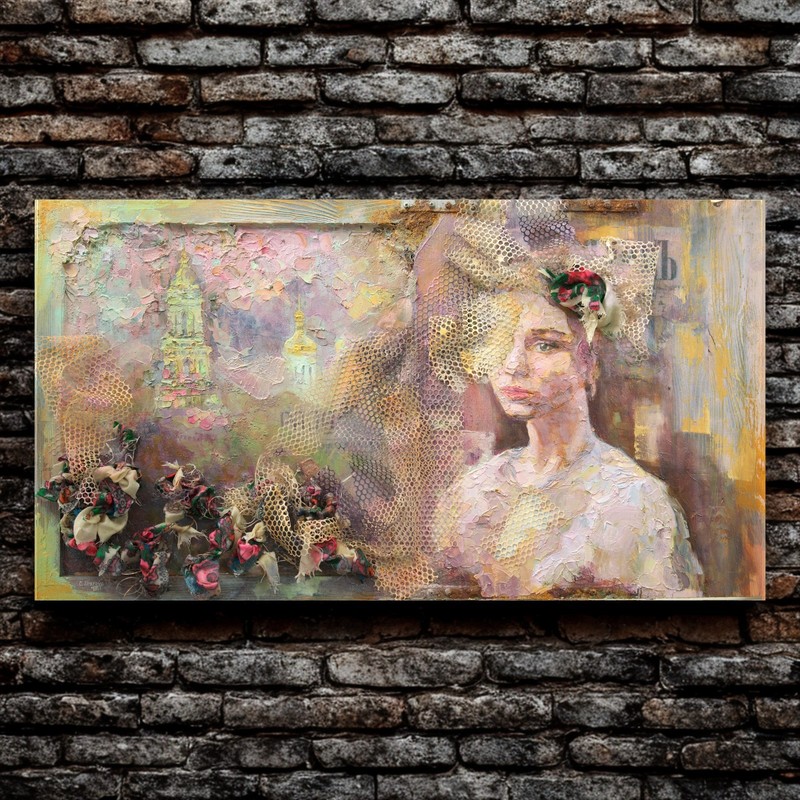 Original mixed media woman portrait; Textured oil, acrylic and textile painting