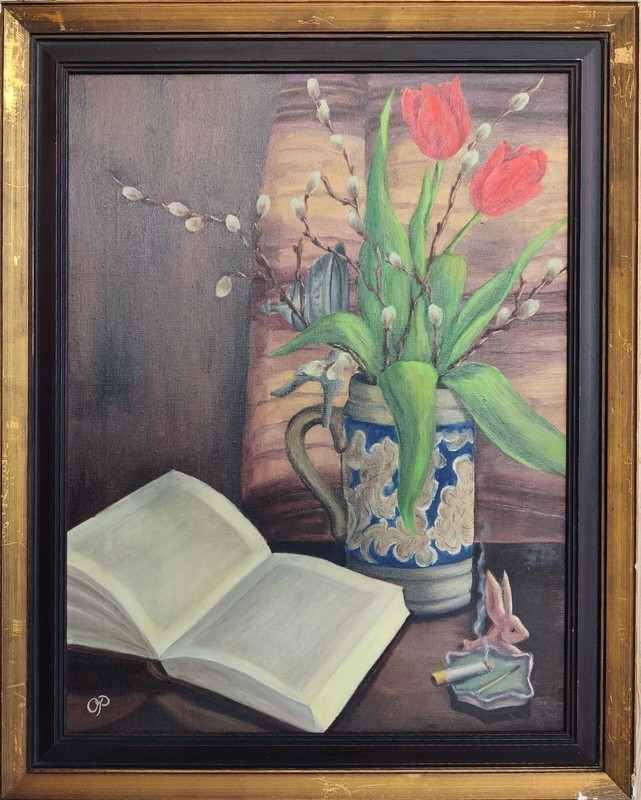STILL LIFE WITH FLOWERS AND BOOK, original oil painting