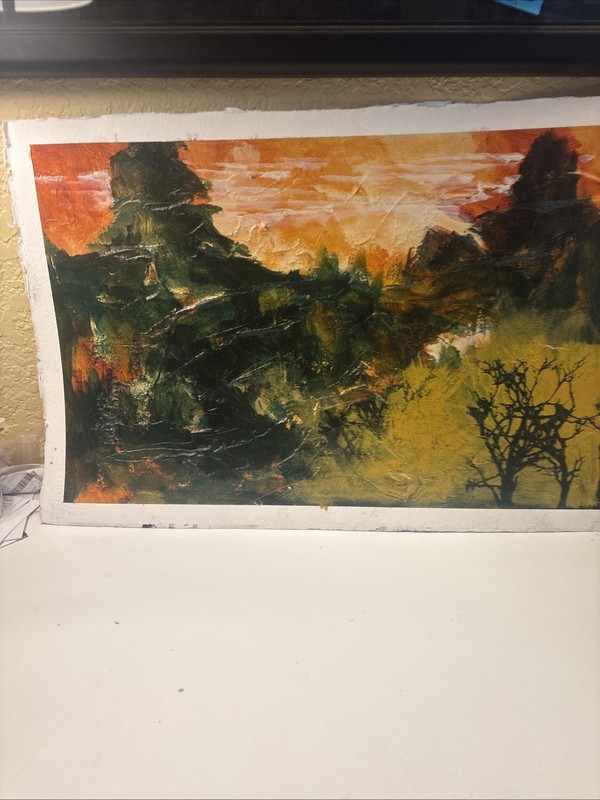 Arcylic Oil? PAINTING Dark Forest Textured ABSTRACT MID CENTURY 22”x15