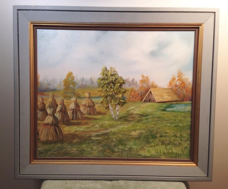 Landscape Farmland Barn Oil Painting Green Brown Gray Frame Trees Hay 1991