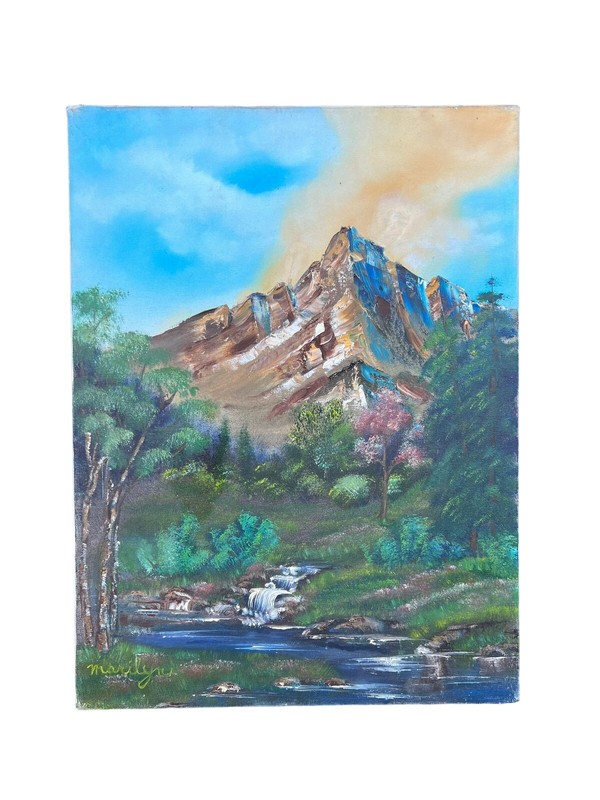 Vintage Stream Through the Forest Trees Mountain Landscape Painting 18″x24″