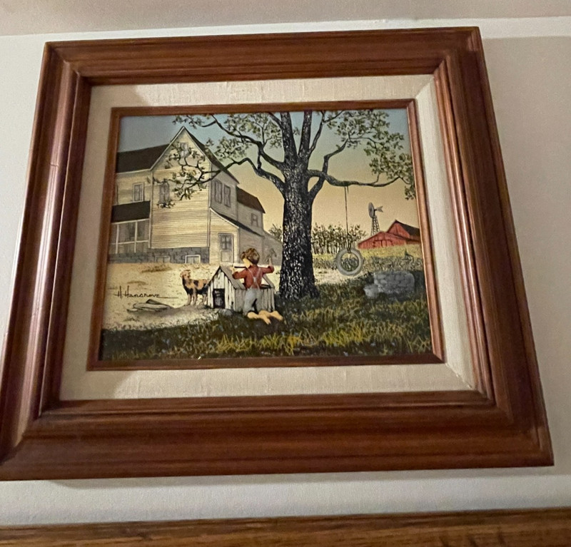 H. Hargrove Signed Canvas Farm Old Barn Windmill Boy Dog House 15.5″ W x 14.5″H