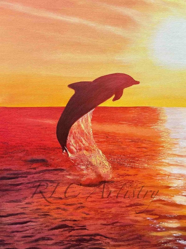Dolphin Silhouette Ocean Original Oil Painting Canvas board 16″x12″ Home Decor