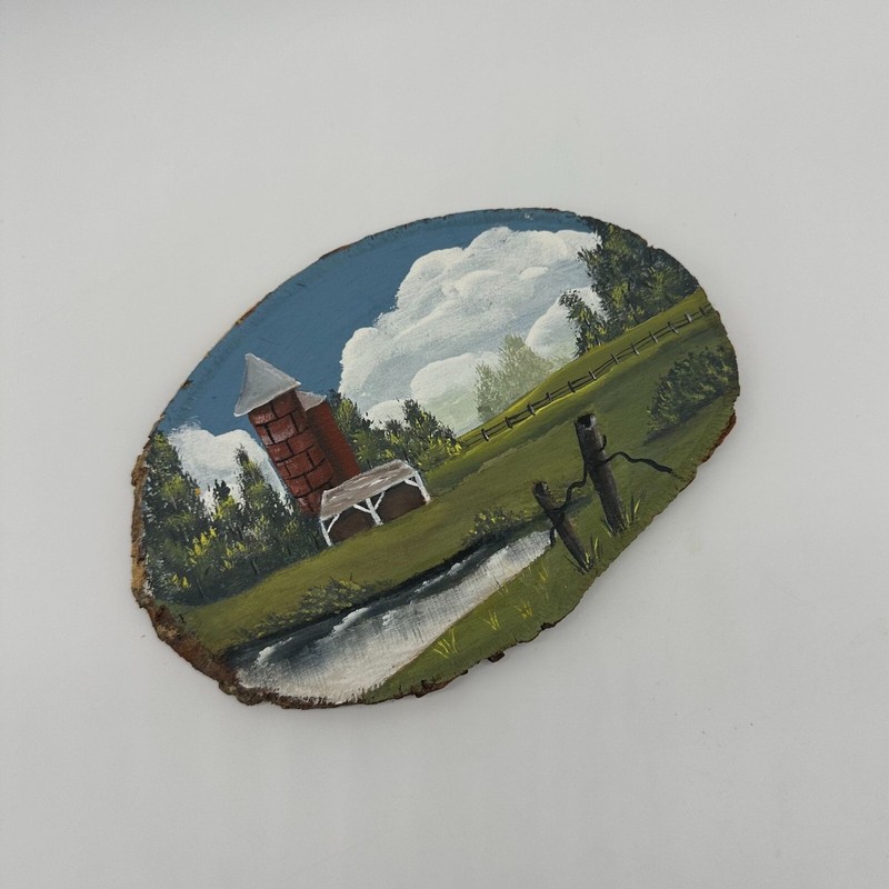 Vintage Painting Folk Art Farm Barn Live Edge Wood Oval Handmade Art Landscape