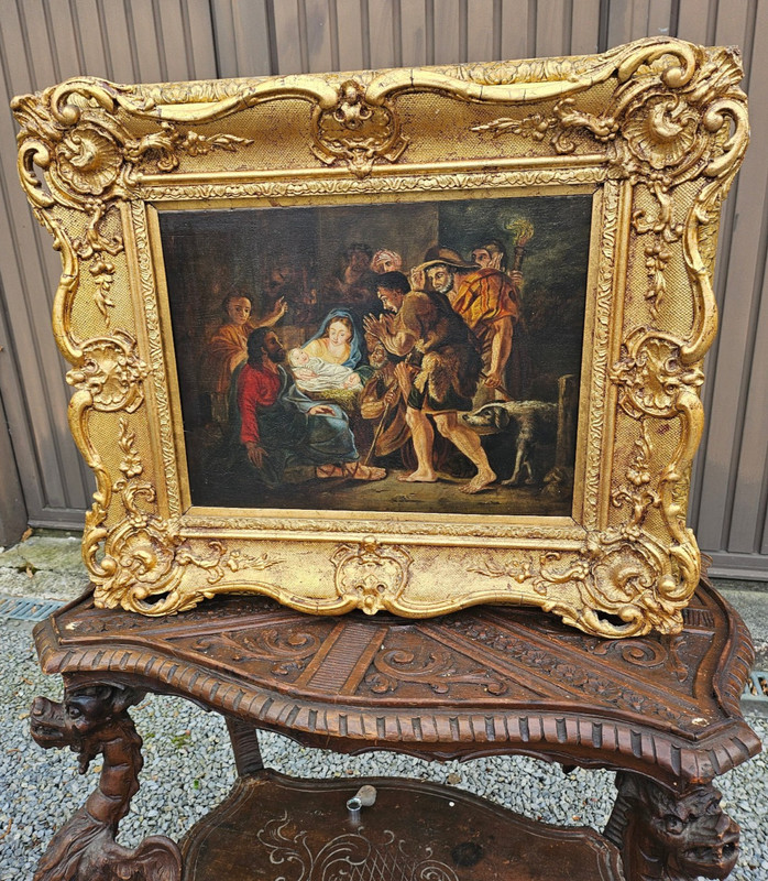 Antique Oil panel painting The Adoration of the Shepherds religious 19thc