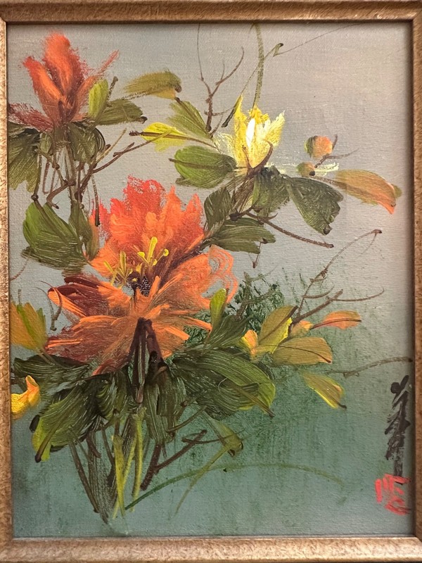 Vintage Artistic Interiors original oil painting bamboo frane