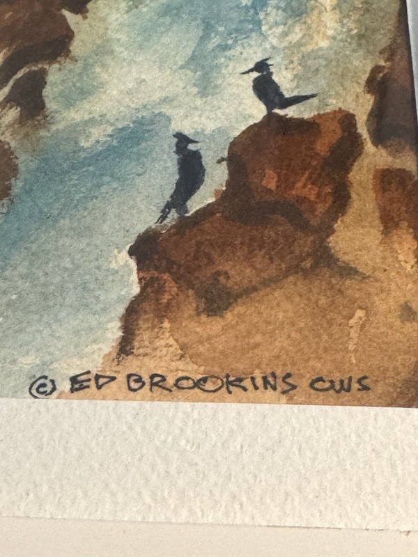Original Watercolor Painting Framed Signed Ed Brookins Waterfall Slim 13" x 5.5" gallery