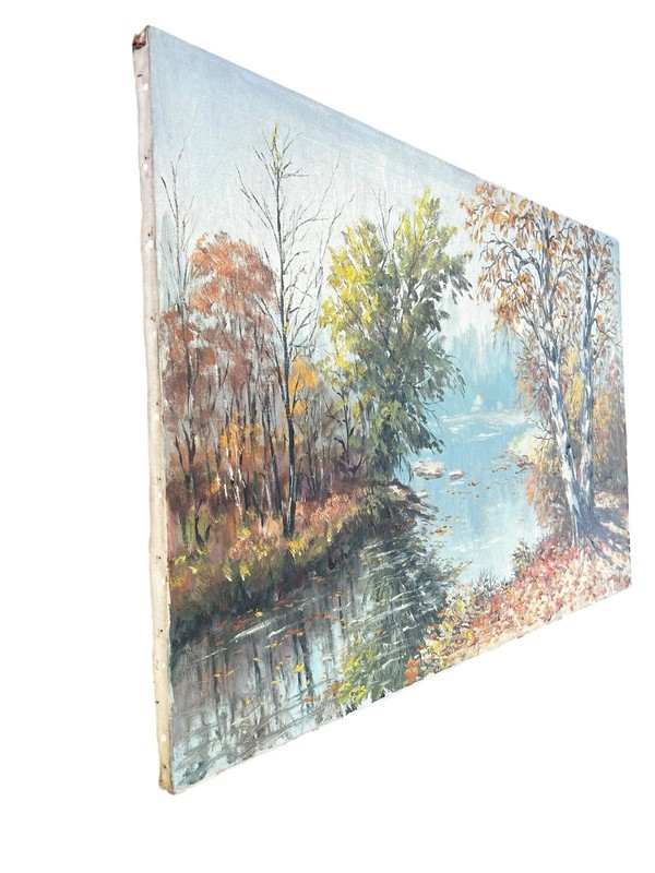 LISTED Cesare Ricciardi autumn lakeside landscape LG Oil Canvas Painting 36” gallery